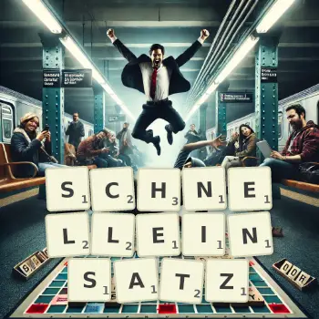 Kreative Illustration für ein Scrabble-Spiel, bei dem das Wort SCHNELLEINSATZ mit Steinen auf dem Brett gelegt wurde.