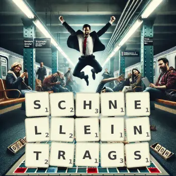 Kreative Illustration für ein Scrabble-Spiel, bei dem das Wort SCHNELLEINTRAGS mit Steinen auf dem Brett gelegt wurde.