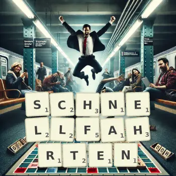 Kreative Illustration für ein Scrabble-Spiel, bei dem das Wort SCHNELLFAHRTEN mit Steinen auf dem Brett gelegt wurde.