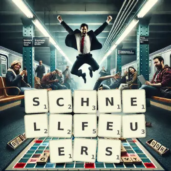 Kreative Illustration für ein Scrabble-Spiel, bei dem das Wort SCHNELLFEUERS mit Steinen auf dem Brett gelegt wurde.