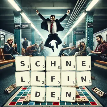 Kreative Illustration für ein Scrabble-Spiel, bei dem das Wort SCHNELLFINDEN mit Steinen auf dem Brett gelegt wurde.