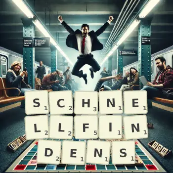 Kreative Illustration für ein Scrabble-Spiel, bei dem das Wort SCHNELLFINDENS mit Steinen auf dem Brett gelegt wurde.