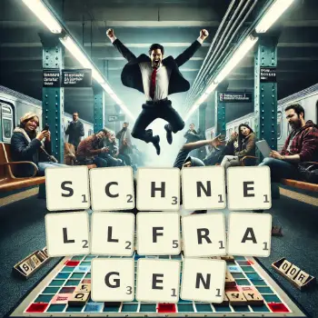Kreative Illustration für ein Scrabble-Spiel, bei dem das Wort SCHNELLFRAGEN mit Steinen auf dem Brett gelegt wurde.