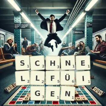 Kreative Illustration für ein Scrabble-Spiel, bei dem das Wort SCHNELLFÜIGEN mit Steinen auf dem Brett gelegt wurde.