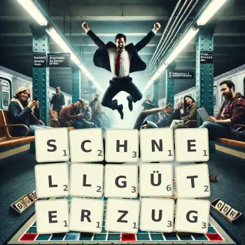 Kreative Illustration für ein Scrabble-Spiel, bei dem das Wort SCHNELLGÜTERZUG mit Steinen auf dem Brett gelegt wurde.