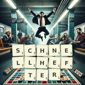 Kreative Illustration für ein Scrabble-Spiel, bei dem das Wort SCHNELLHEFTER mit Steinen auf dem Brett gelegt wurde.