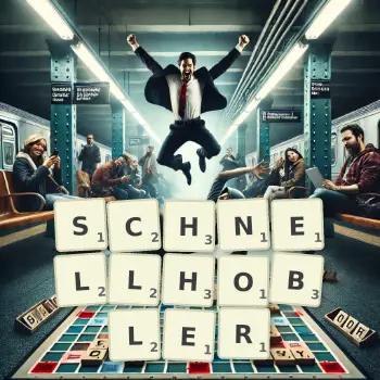 Kreative Illustration für ein Scrabble-Spiel, bei dem das Wort SCHNELLHOBLER mit Steinen auf dem Brett gelegt wurde.