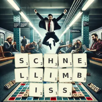 Kreative Illustration für ein Scrabble-Spiel, bei dem das Wort SCHNELLIMBISS mit Steinen auf dem Brett gelegt wurde.