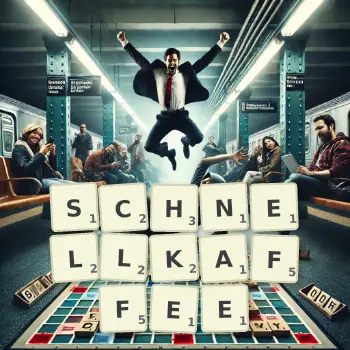 Kreative Illustration für ein Scrabble-Spiel, bei dem das Wort SCHNELLKAFFEE mit Steinen auf dem Brett gelegt wurde.