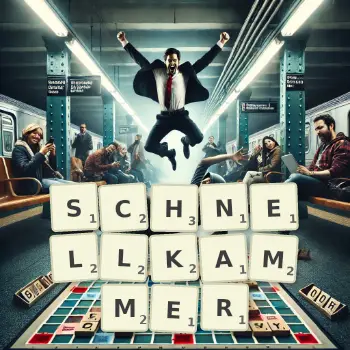 Kreative Illustration für ein Scrabble-Spiel, bei dem das Wort SCHNELLKAMMER mit Steinen auf dem Brett gelegt wurde.