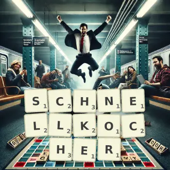 Kreative Illustration für ein Scrabble-Spiel, bei dem das Wort SCHNELLKOCHER mit Steinen auf dem Brett gelegt wurde.