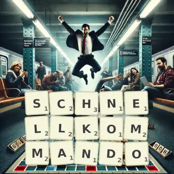 Kreative Illustration für ein Scrabble-Spiel, bei dem das Wort SCHNELLKOMMANDO mit Steinen auf dem Brett gelegt wurde.