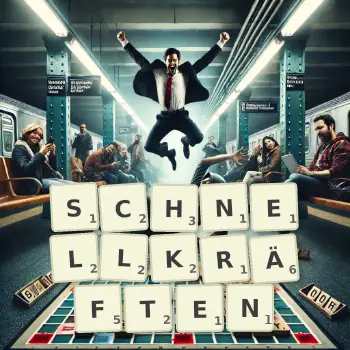 Kreative Illustration für ein Scrabble-Spiel, bei dem das Wort SCHNELLKRÄFTEN mit Steinen auf dem Brett gelegt wurde.