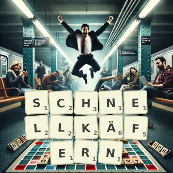 Kreative Illustration für ein Scrabble-Spiel, bei dem das Wort SCHNELLKÄFERN mit Steinen auf dem Brett gelegt wurde.