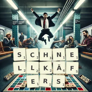 Kreative Illustration für ein Scrabble-Spiel, bei dem das Wort SCHNELLKÄFERS mit Steinen auf dem Brett gelegt wurde.