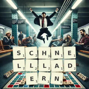 Kreative Illustration für ein Scrabble-Spiel, bei dem das Wort SCHNELLLADERN mit Steinen auf dem Brett gelegt wurde.