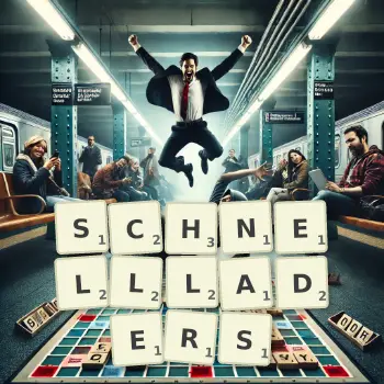 Kreative Illustration für ein Scrabble-Spiel, bei dem das Wort SCHNELLLADERS mit Steinen auf dem Brett gelegt wurde.