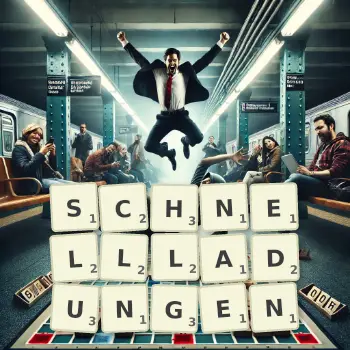 Kreative Illustration für ein Scrabble-Spiel, bei dem das Wort SCHNELLLADUNGEN mit Steinen auf dem Brett gelegt wurde.