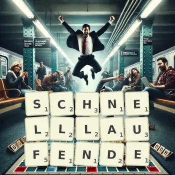 Kreative Illustration für ein Scrabble-Spiel, bei dem das Wort SCHNELLLAUFENDE mit Steinen auf dem Brett gelegt wurde.