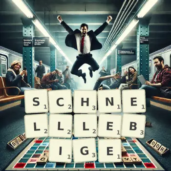 Kreative Illustration für ein Scrabble-Spiel, bei dem das Wort SCHNELLLEBIGE mit Steinen auf dem Brett gelegt wurde.