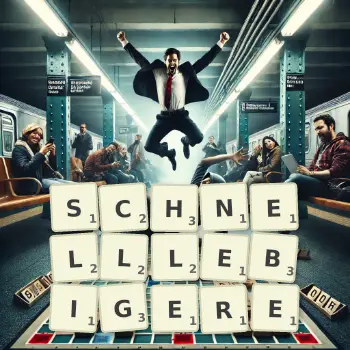 Kreative Illustration für ein Scrabble-Spiel, bei dem das Wort SCHNELLLEBIGERE mit Steinen auf dem Brett gelegt wurde.