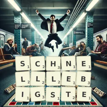 Kreative Illustration für ein Scrabble-Spiel, bei dem das Wort SCHNELLLEBIGSTE mit Steinen auf dem Brett gelegt wurde.
