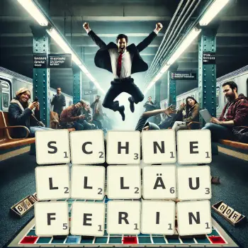 Kreative Illustration für ein Scrabble-Spiel, bei dem das Wort SCHNELLLÄUFERIN mit Steinen auf dem Brett gelegt wurde.