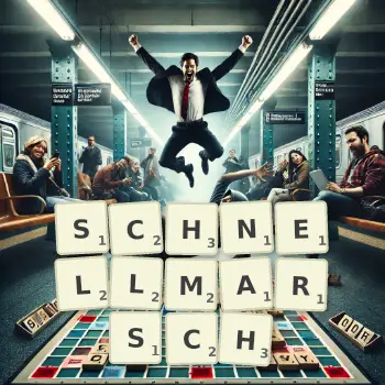 Kreative Illustration für ein Scrabble-Spiel, bei dem das Wort SCHNELLMARSCH mit Steinen auf dem Brett gelegt wurde.