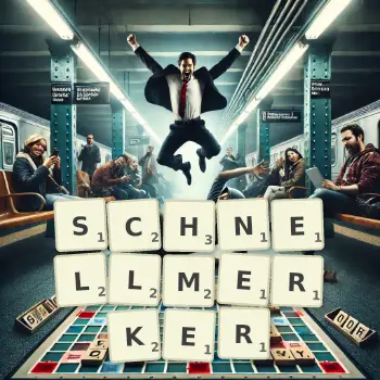 Kreative Illustration für ein Scrabble-Spiel, bei dem das Wort SCHNELLMERKER mit Steinen auf dem Brett gelegt wurde.