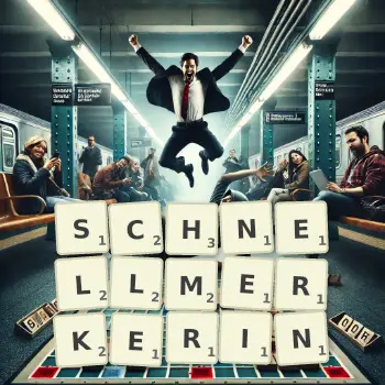 Kreative Illustration für ein Scrabble-Spiel, bei dem das Wort SCHNELLMERKERIN mit Steinen auf dem Brett gelegt wurde.