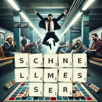 Kreative Illustration für ein Scrabble-Spiel, bei dem das Wort SCHNELLMESSER mit Steinen auf dem Brett gelegt wurde.