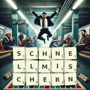 Kreative Illustration für ein Scrabble-Spiel, bei dem das Wort SCHNELLMISCHERN mit Steinen auf dem Brett gelegt wurde.
