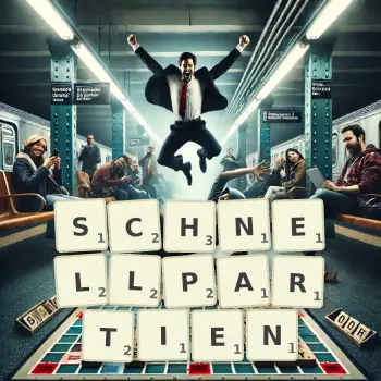 Kreative Illustration für ein Scrabble-Spiel, bei dem das Wort SCHNELLPARTIEN mit Steinen auf dem Brett gelegt wurde.