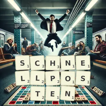 Kreative Illustration für ein Scrabble-Spiel, bei dem das Wort SCHNELLPOSTEN mit Steinen auf dem Brett gelegt wurde.