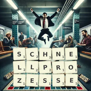 Kreative Illustration für ein Scrabble-Spiel, bei dem das Wort SCHNELLPROZESSE mit Steinen auf dem Brett gelegt wurde.