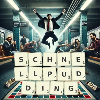 Kreative Illustration für ein Scrabble-Spiel, bei dem das Wort SCHNELLPUDDING mit Steinen auf dem Brett gelegt wurde.