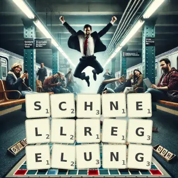 Kreative Illustration für ein Scrabble-Spiel, bei dem das Wort SCHNELLREGELUNG mit Steinen auf dem Brett gelegt wurde.