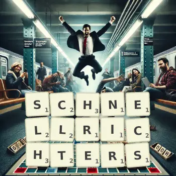 Kreative Illustration für ein Scrabble-Spiel, bei dem das Wort SCHNELLRICHTERS mit Steinen auf dem Brett gelegt wurde.
