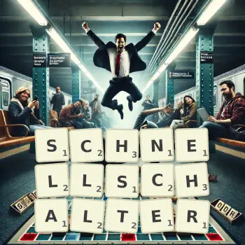 Kreative Illustration für ein Scrabble-Spiel, bei dem das Wort SCHNELLSCHALTER mit Steinen auf dem Brett gelegt wurde.