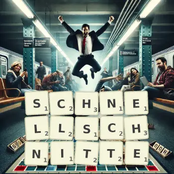 Kreative Illustration für ein Scrabble-Spiel, bei dem das Wort SCHNELLSCHNITTE mit Steinen auf dem Brett gelegt wurde.