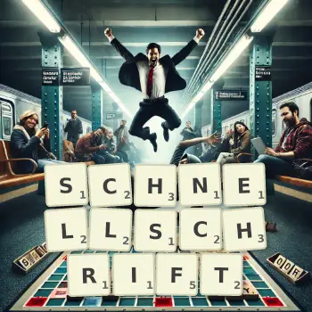 Kreative Illustration für ein Scrabble-Spiel, bei dem das Wort SCHNELLSCHRIFT mit Steinen auf dem Brett gelegt wurde.