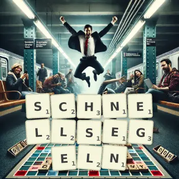 Kreative Illustration für ein Scrabble-Spiel, bei dem das Wort SCHNELLSEGELN mit Steinen auf dem Brett gelegt wurde.
