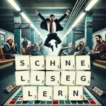 Kreative Illustration für ein Scrabble-Spiel, bei dem das Wort SCHNELLSEGLERN mit Steinen auf dem Brett gelegt wurde.