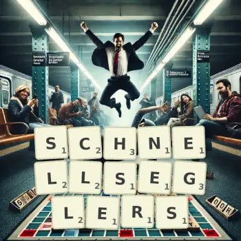 Kreative Illustration für ein Scrabble-Spiel, bei dem das Wort SCHNELLSEGLERS mit Steinen auf dem Brett gelegt wurde.