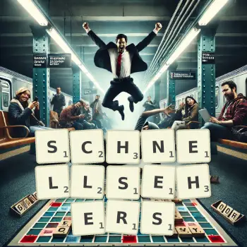 Kreative Illustration für ein Scrabble-Spiel, bei dem das Wort SCHNELLSEHERS mit Steinen auf dem Brett gelegt wurde.