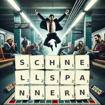 Kreative Illustration für ein Scrabble-Spiel, bei dem das Wort SCHNELLSPANNERN mit Steinen auf dem Brett gelegt wurde.