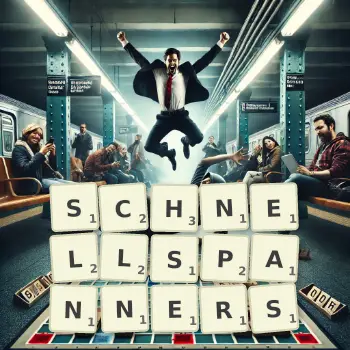 Kreative Illustration für ein Scrabble-Spiel, bei dem das Wort SCHNELLSPANNERS mit Steinen auf dem Brett gelegt wurde.