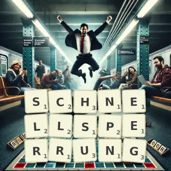 Kreative Illustration für ein Scrabble-Spiel, bei dem das Wort SCHNELLSPERRUNG mit Steinen auf dem Brett gelegt wurde.