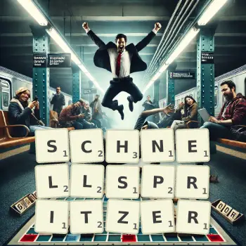 Kreative Illustration für ein Scrabble-Spiel, bei dem das Wort SCHNELLSPRITZER mit Steinen auf dem Brett gelegt wurde.