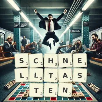 Kreative Illustration für ein Scrabble-Spiel, bei dem das Wort SCHNELLTASTEN mit Steinen auf dem Brett gelegt wurde.